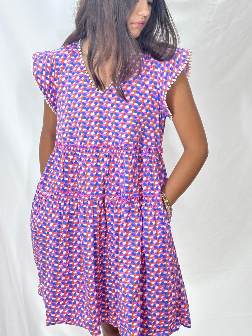 THML Tiered Summer Dress Pink Blue Orange Geometric Design Capped Sleeves XS